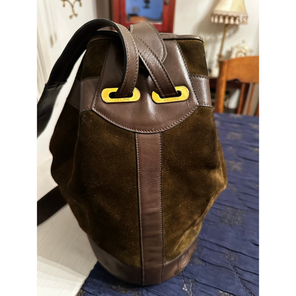 Celine Green-Brown Suede & Brown Leather Triomphe Bucket Shoulder Bag - Picture 3 of 16